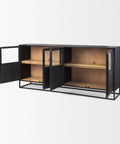 Wooden cabinet with black metal frame on a white background