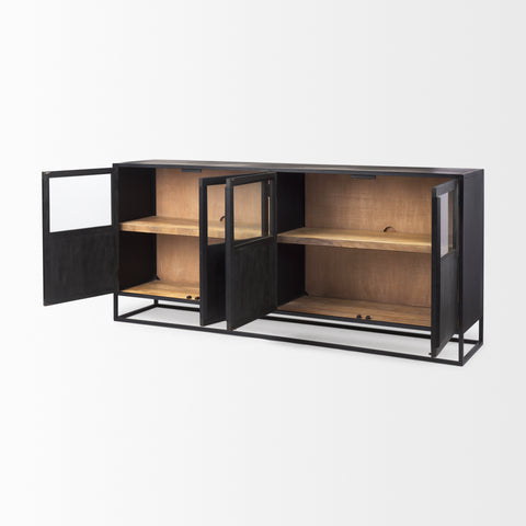Wooden cabinet with black metal frame on a white background