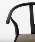 Close-up of a black chair arm and seat on a white background