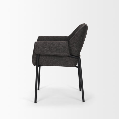 Dark gray upholstered chair with black metal legs on a white background