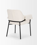 White upholstered chair with black metal frame on a white background