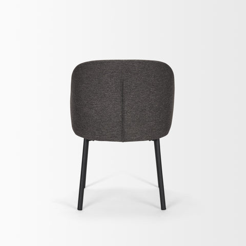 Gray upholstered chair with black legs on a white background