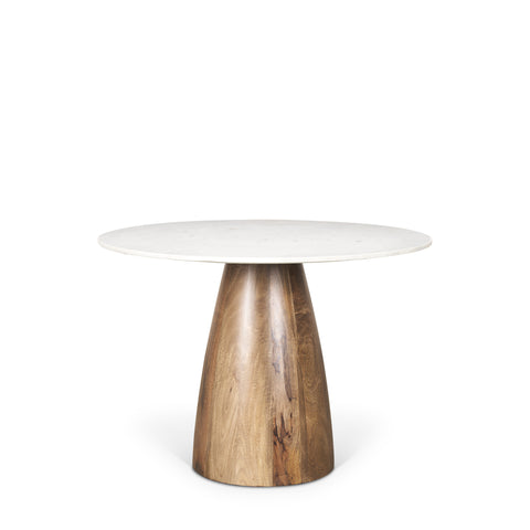 Table with a white round top and wooden base on a white background