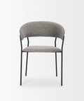 Gray upholstered chair with black metal legs on a white background