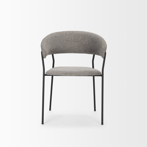 Gray upholstered chair with black metal legs on a white background