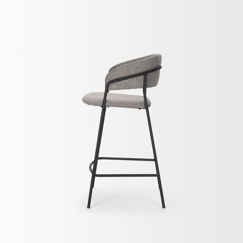 Bar stool with gray cushioned seat and backrest on a white background