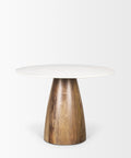 Table with a wooden base and white top on a white background