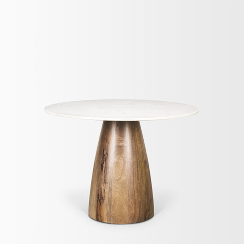 Table with a wooden base and white top on a white background