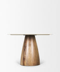 Dining table with wooden base and white top on a white background