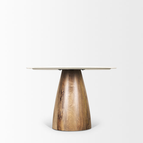 Dining table with wooden base and white top on a white background