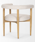 Beige upholstered chair with wooden legs on a white background