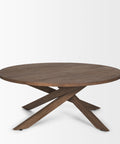 Round wooden table with a unique base design on a white background