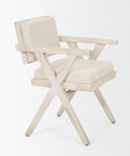 Beige director's chair with wooden frame on a white background
