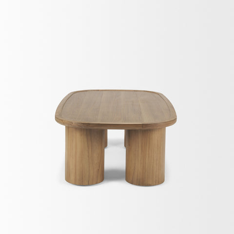 Wooden side table with a square top and cylindrical legs on a white background