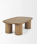 Wooden coffee table with three cylindrical legs on a white background