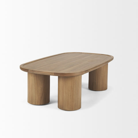 Wooden coffee table with three cylindrical legs on a white background