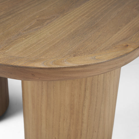 Wooden side table with a round top and cylindrical base on a white background