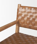 Brown woven chair with wooden armrests on a white background