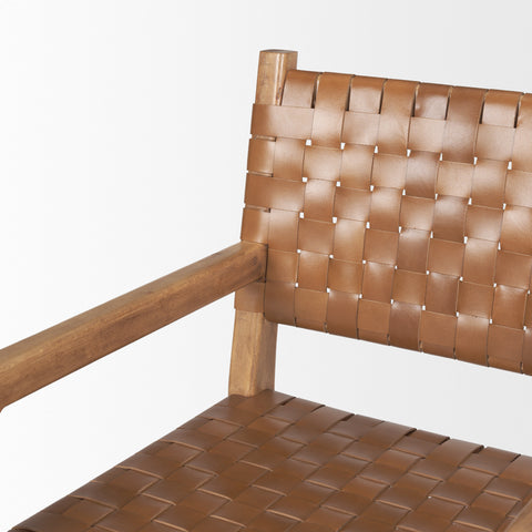 Brown woven chair with wooden armrests on a white background
