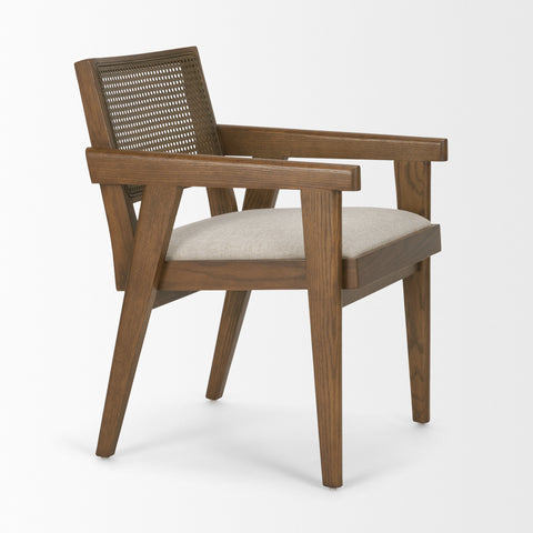 Wooden armchair with woven backrest on a white background