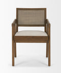 Wooden chair with woven backrest and cushioned seat on a white background