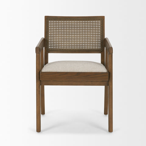 Wooden chair with woven backrest and cushioned seat on a white background