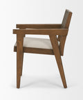 Wooden chair with a beige cushion on a white background