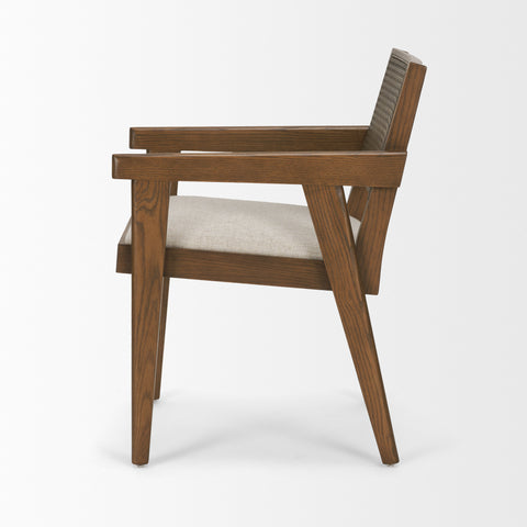 Wooden chair with a beige cushion on a white background