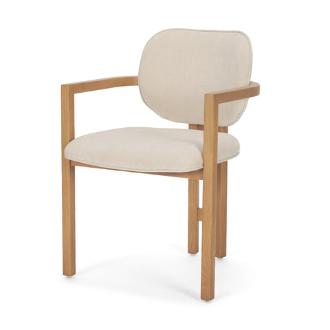 Beige chair with wooden frame on a white background