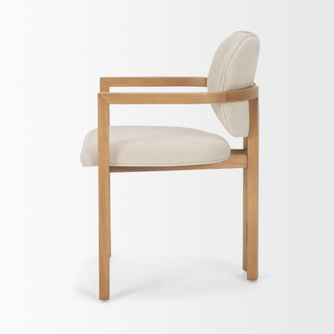 Chair with wooden frame and white cushion on a white background