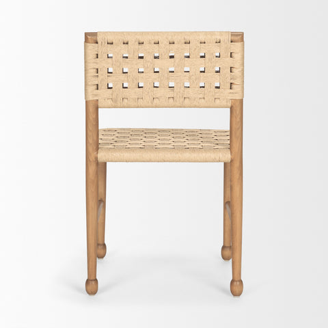 Woven chair with a light brown finish on a white background