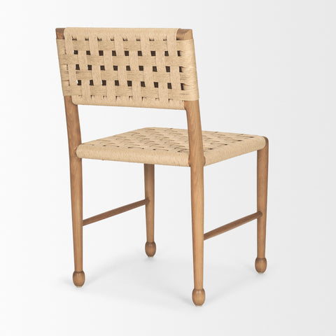 Woven chair with wooden frame on a white background