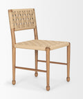 Beige chair with woven backrest on a white background