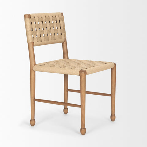 Beige chair with woven backrest on a white background
