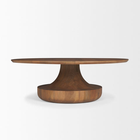 Wooden pedestal table on a white background