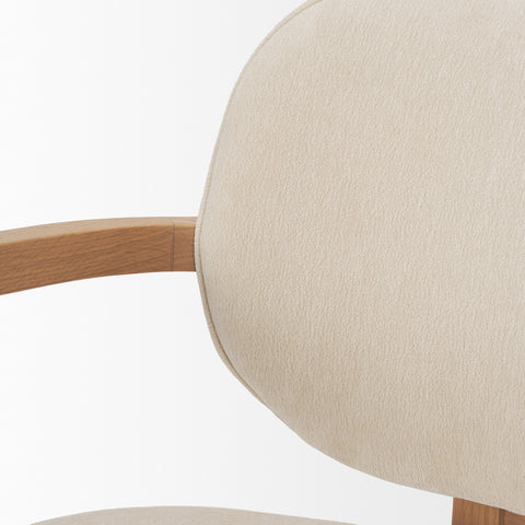 Close-up of a beige upholstered chair with wooden armrests on a white background
