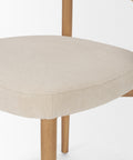 Close-up of a beige upholstered chair seat with wooden legs on a white background