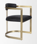 Chair with black cushioned seat and backrest on a gold metal frame against a white background