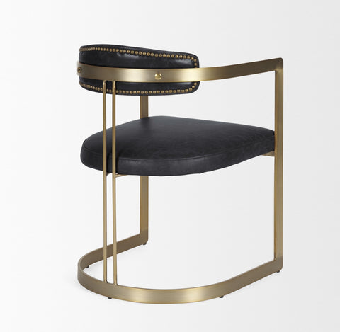 Modern chair with black leather seats and gold metal frame on a white background
