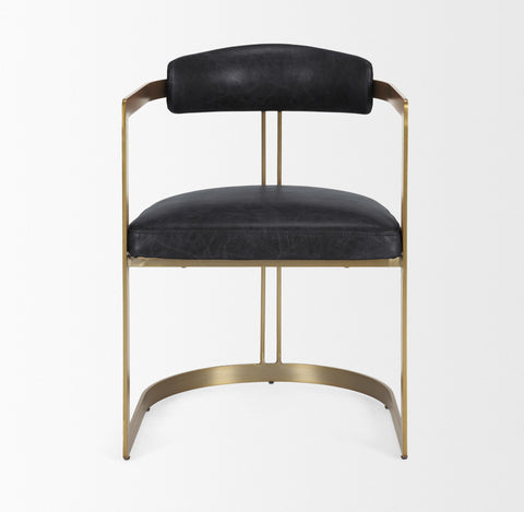 Black leather chair with gold metal frame on a white background