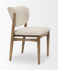 Chair with wooden frame and beige cushioned seat and backrest on a white background