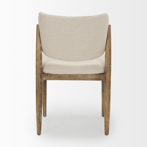 Chair with wooden frame and beige cushion on a white background