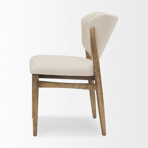 Chair with wooden frame and beige cushion on a white background
