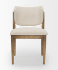 Beige upholstered chair with wooden frame on a white background