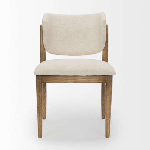 Beige upholstered chair with wooden frame on a white background