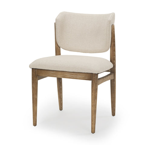 Chair with wooden frame and beige cushion on a white background