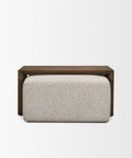 Rectangular ottoman with wooden frame and beige cushion on a white background