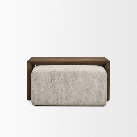 Rectangular ottoman with wooden frame and beige cushion on a white background