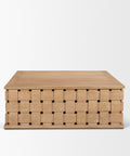 Wooden storage box with woven pattern on a white background