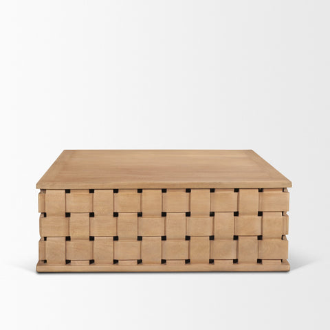 Wooden storage box with woven pattern on a white background